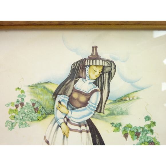 Vintage Framed Girl in Gape Field Print Winery Decor - Picture 3 of 7
